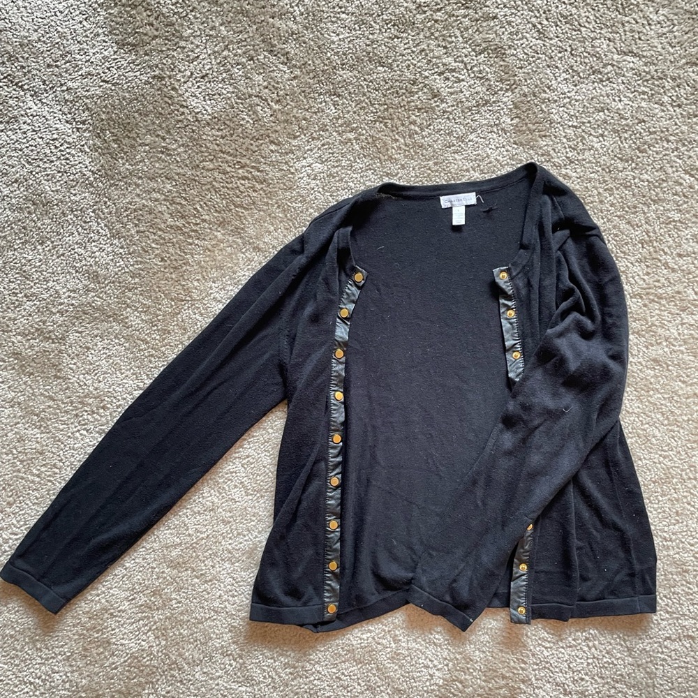 Black med cardi with leather button strip